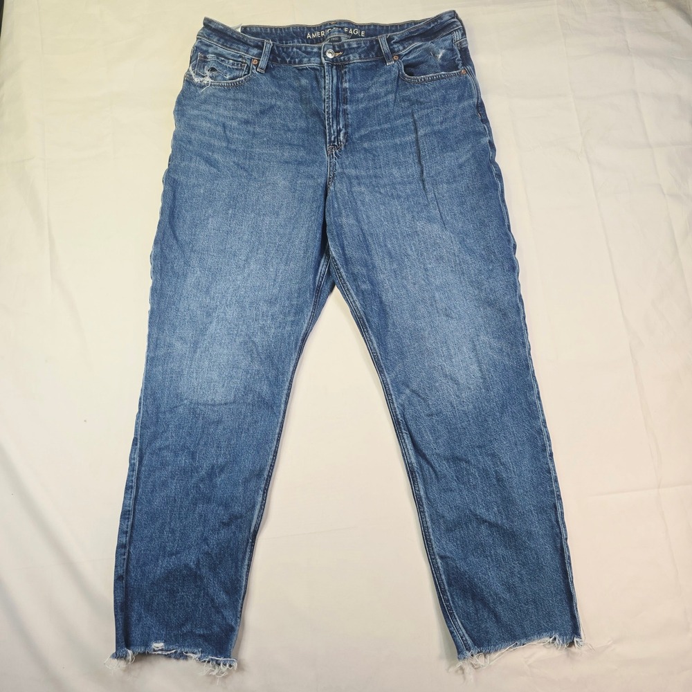 American Eagle Strigid Jeans Womens Size 18 Blue High Waisted Raw Hem Distressed